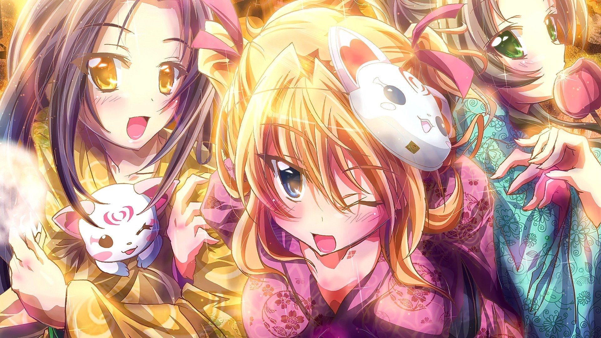Anime girls in kimonos with masks HD Wallpaper