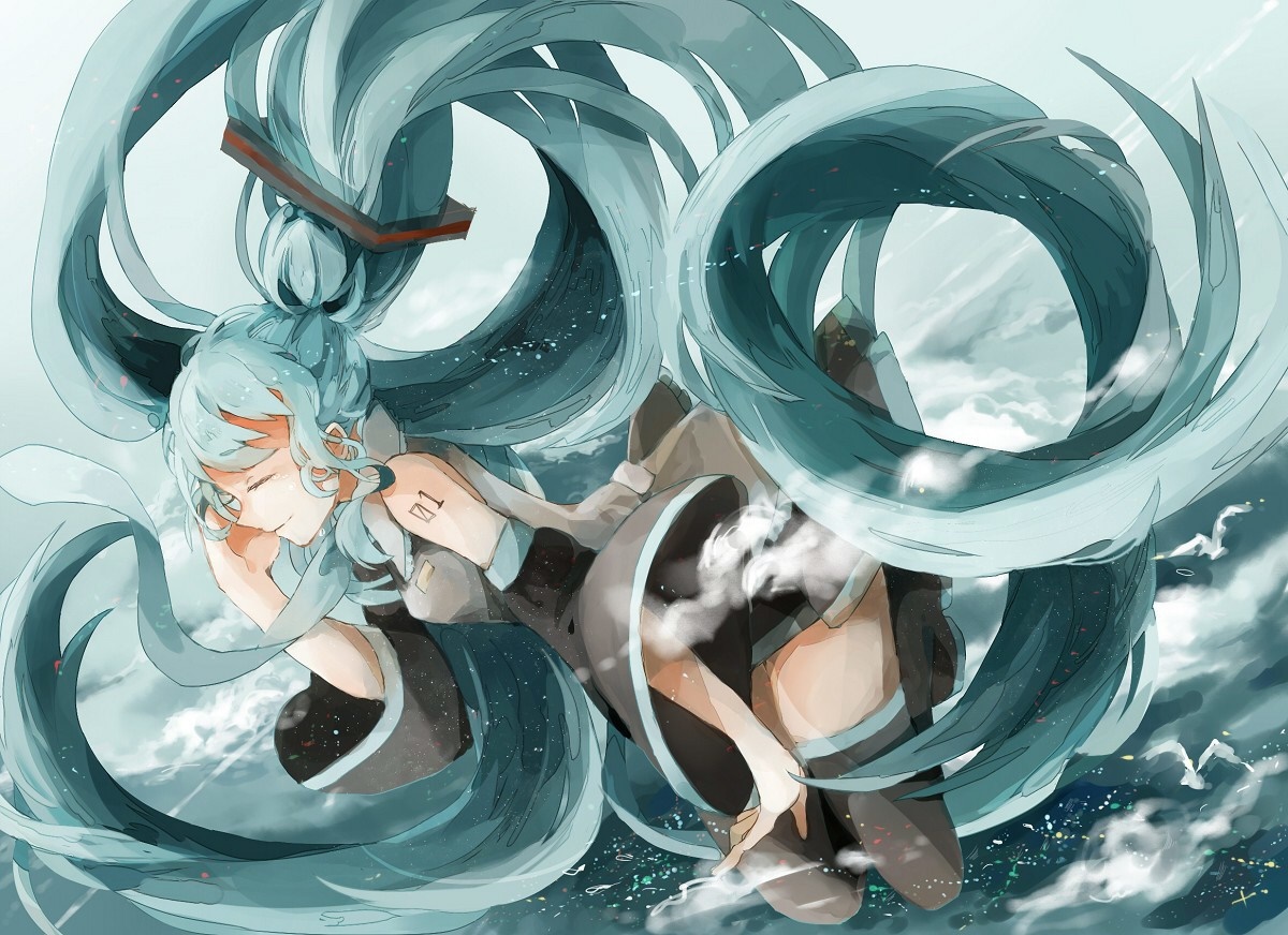 Hatsune Miku from Vocaloid floating in water HD Wallpaper