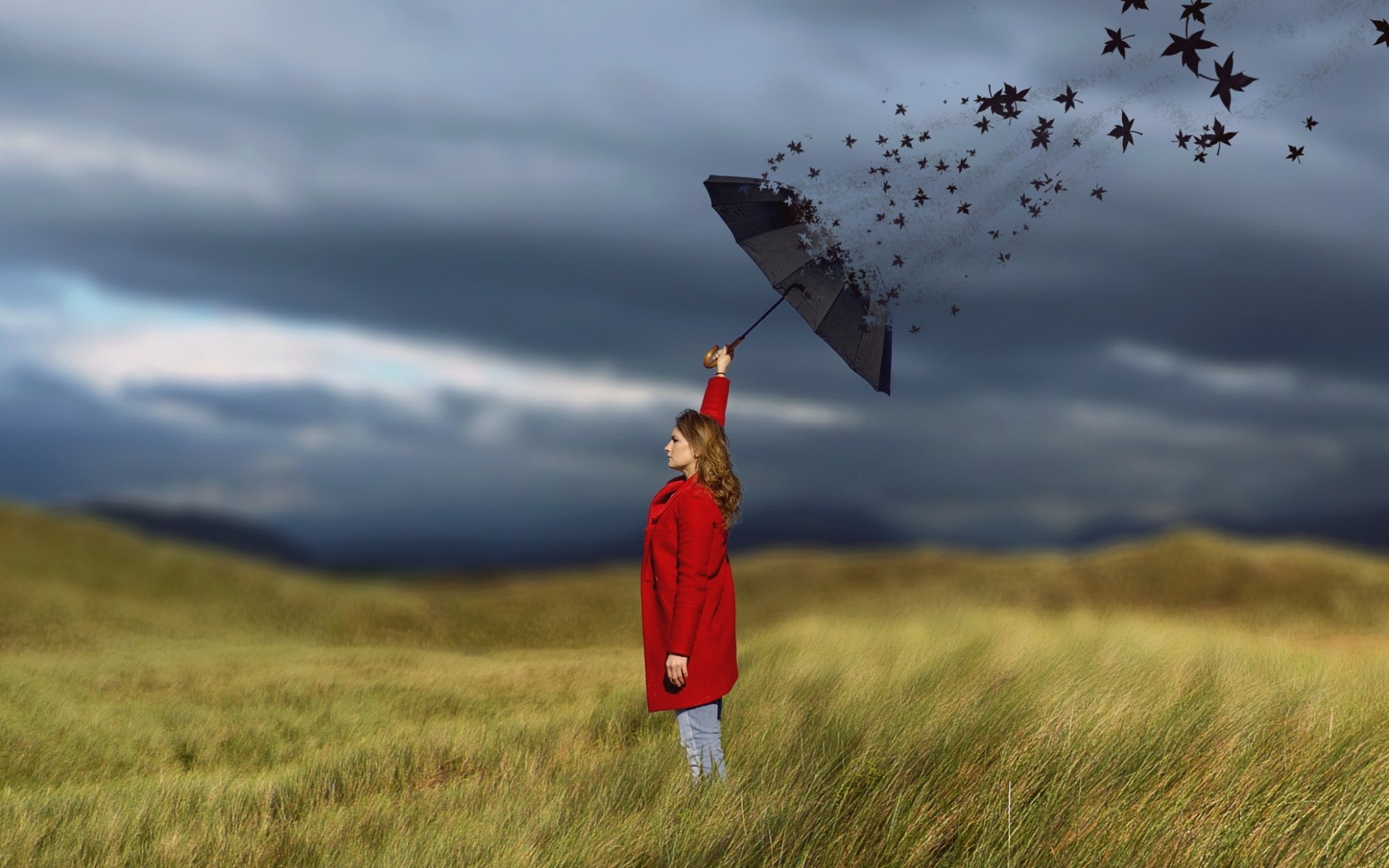 Woman in red coat holding umbrella in windy field HD Wallpaper