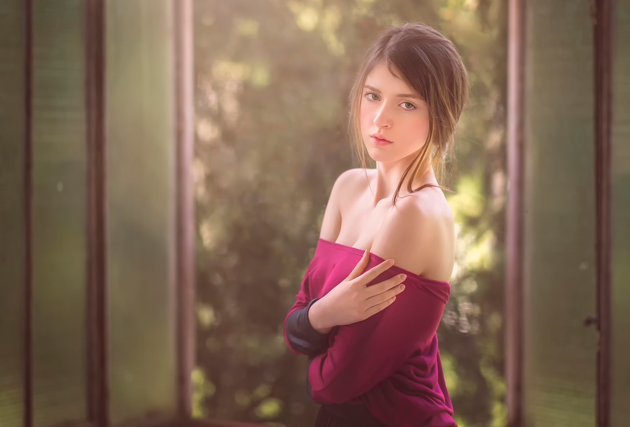 Young woman with off-the-shoulder top posing indoors HD Wallpaper