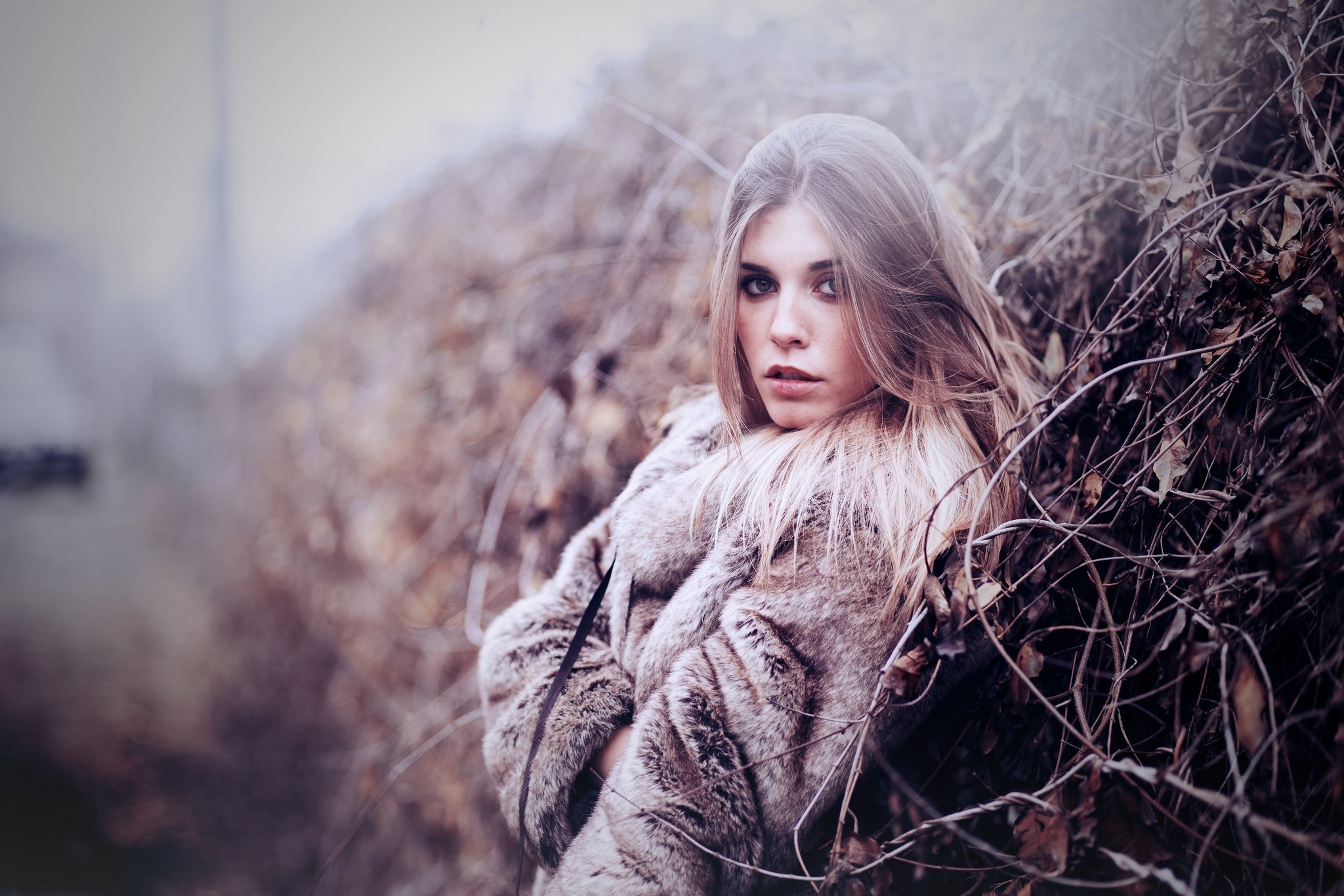 Woman in fur coat in dry brush HD Wallpaper