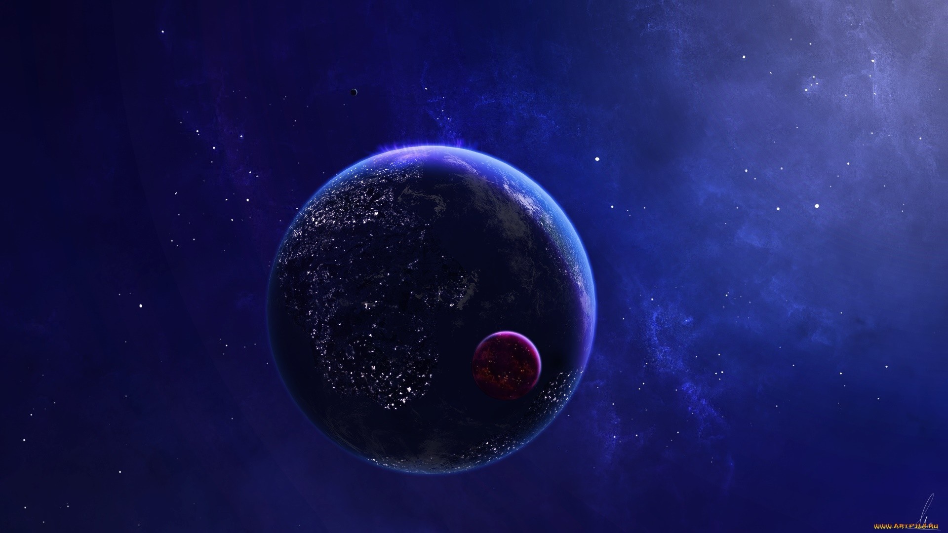 A planet with a moon in deep space HD Wallpaper