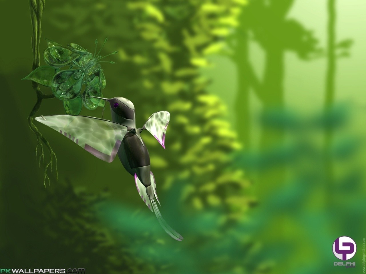 CGI hummingbird feeding from a glass flower HD Wallpaper