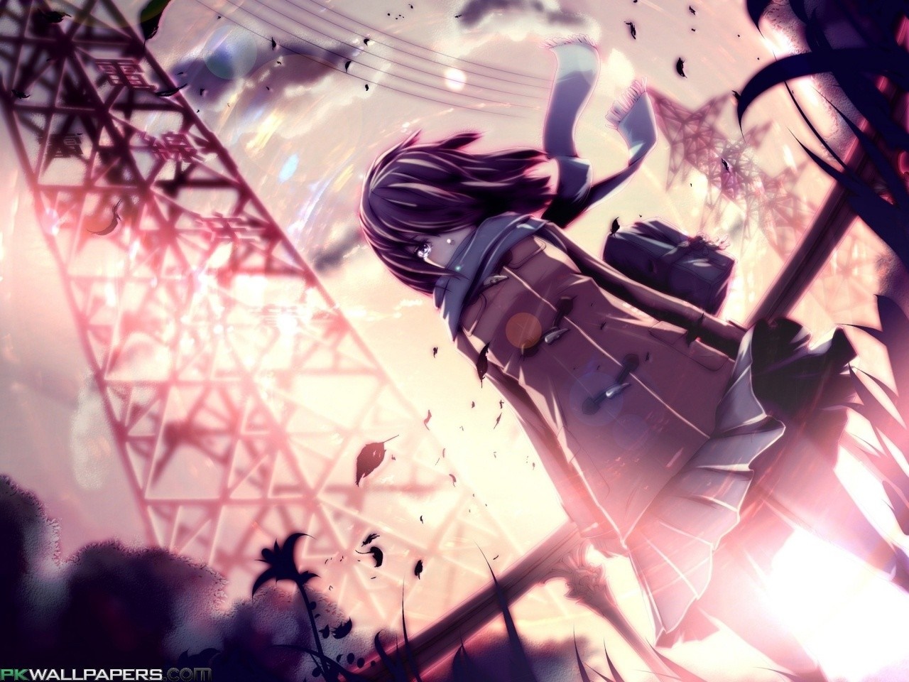Anime girl with scarf and bag near tower HD Wallpaper