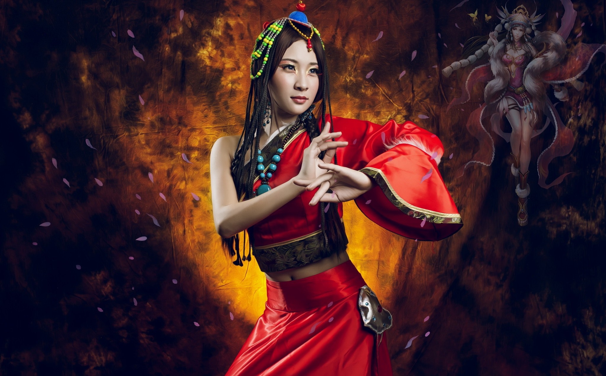 Woman in traditional costume with fantasy art character HD Wallpaper