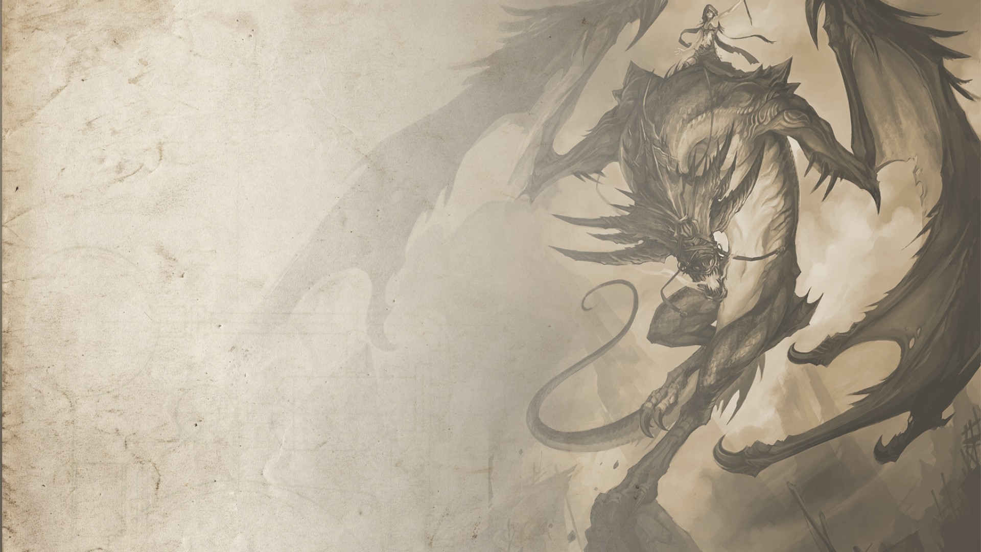 Woman riding a dragon in sepia tone HD Wallpaper