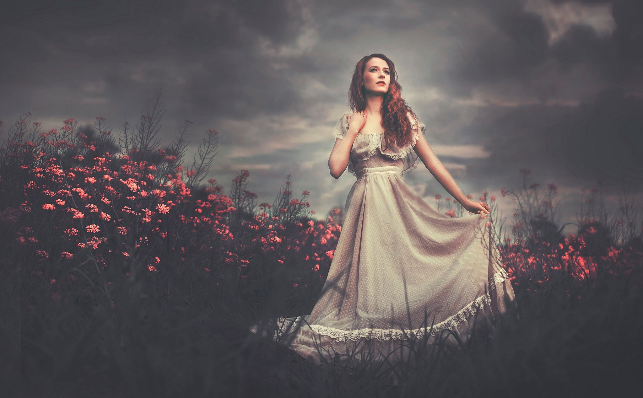 Redhead woman in a dress in a field of flowers HD Wallpaper