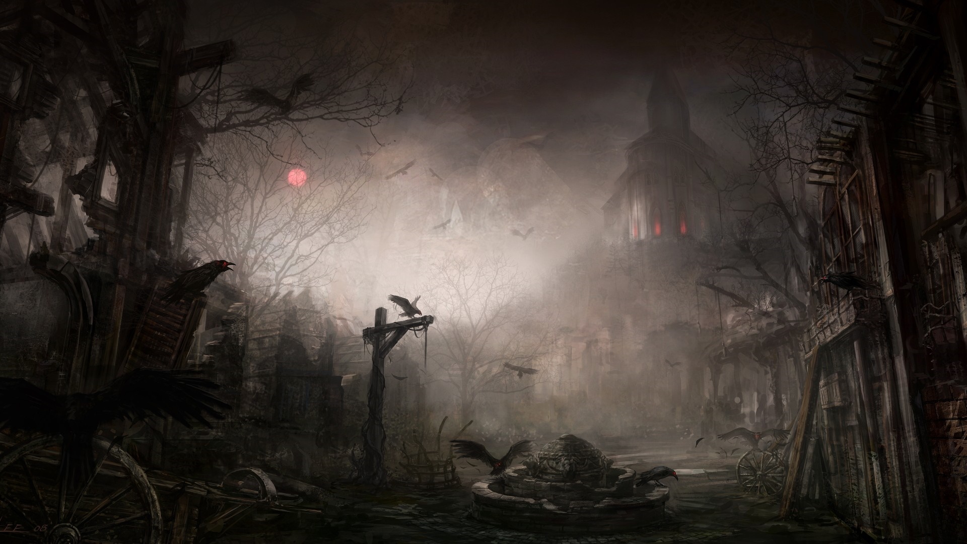 Dark fantasy village with crows and red moon HD Wallpaper