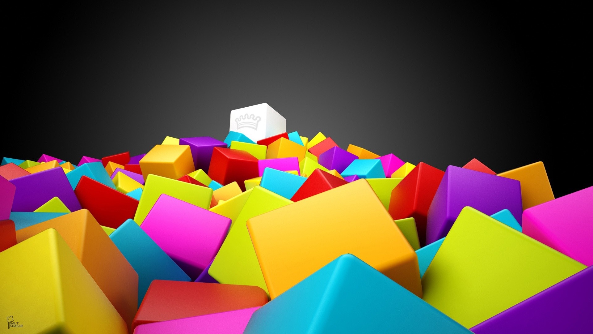Pile of colorful cubes with a white cube with a crown logo HD Wallpaper