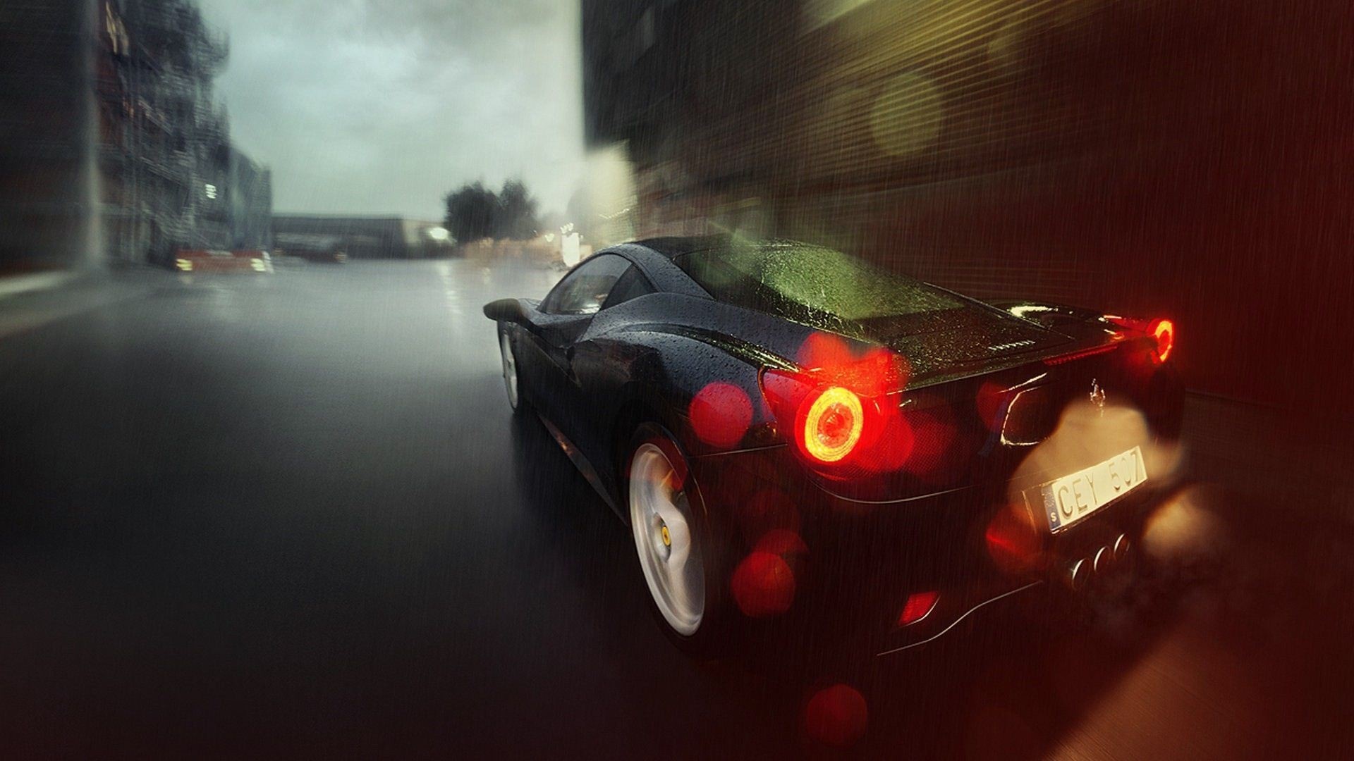 Black Ferrari driving on a rainy city street HD Wallpaper