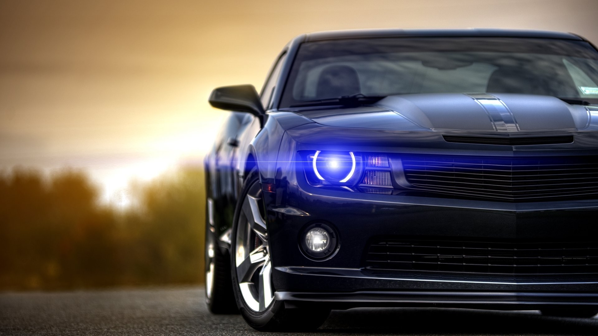 Black Chevrolet Camaro with blue headlights HD Wallpaper