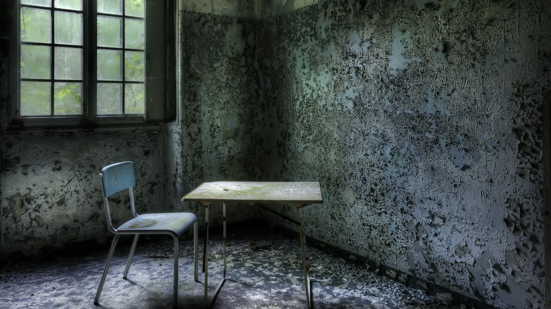 Abandoned room with chair and table near window HD Wallpaper