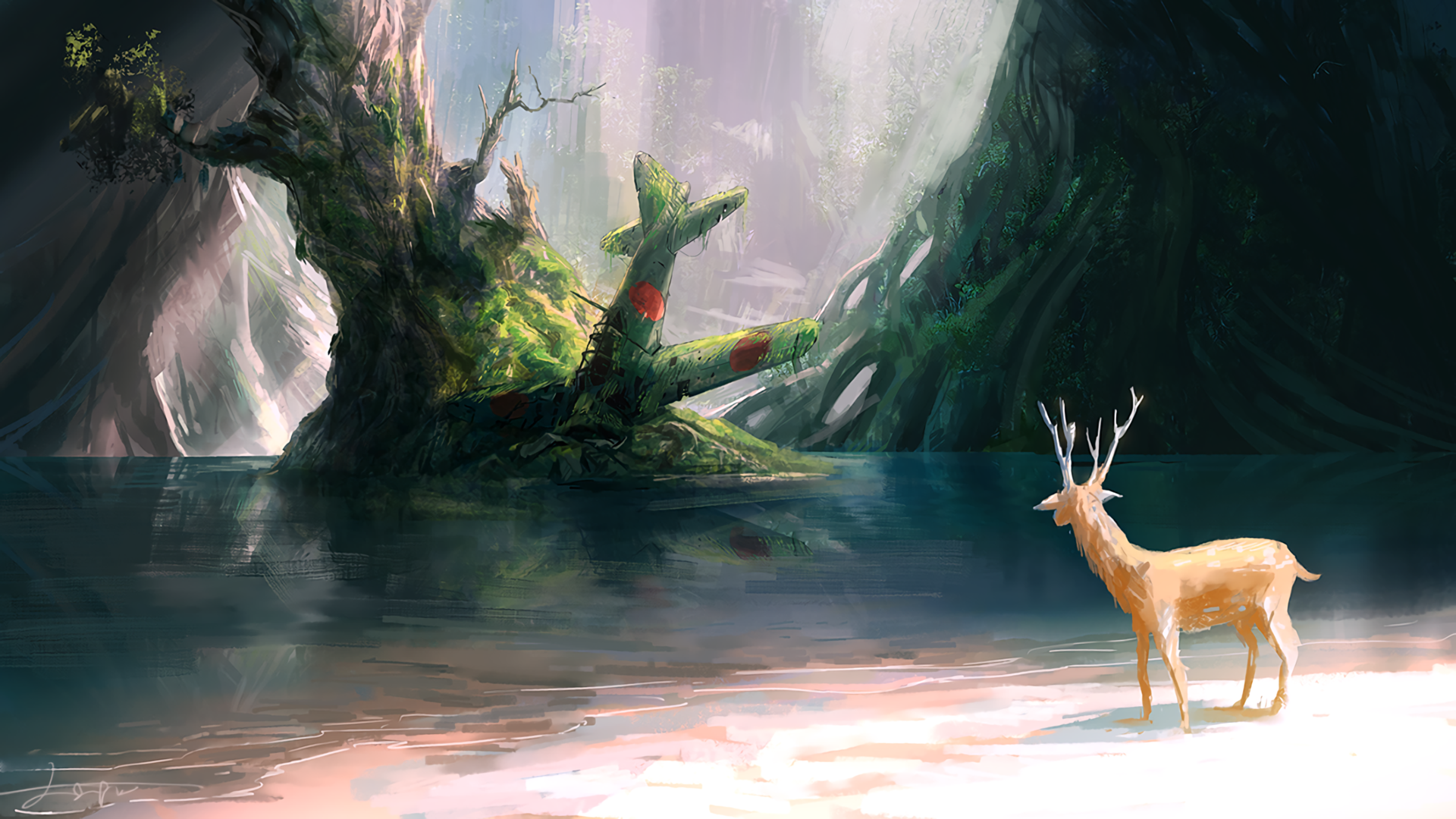 Deer by a crashed airplane in a mossy forest HD Wallpaper