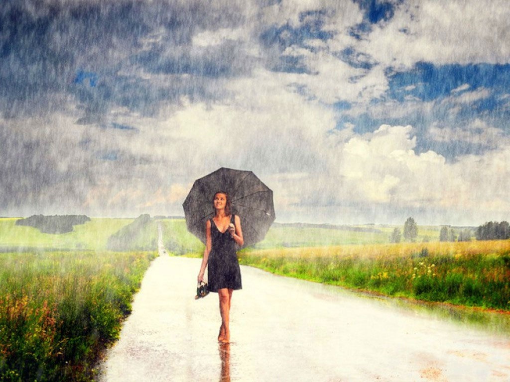 Woman with umbrella walking in the rain HD Wallpaper