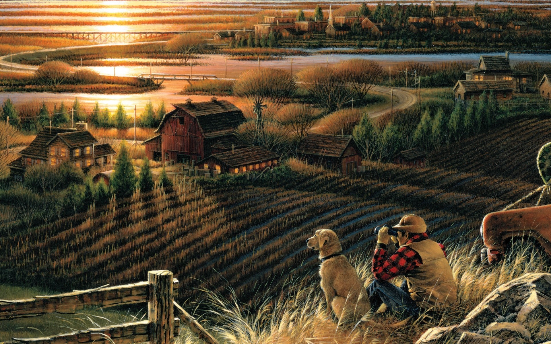 Man and dog on a hill overlooking a farm at sunset HD Wallpaper