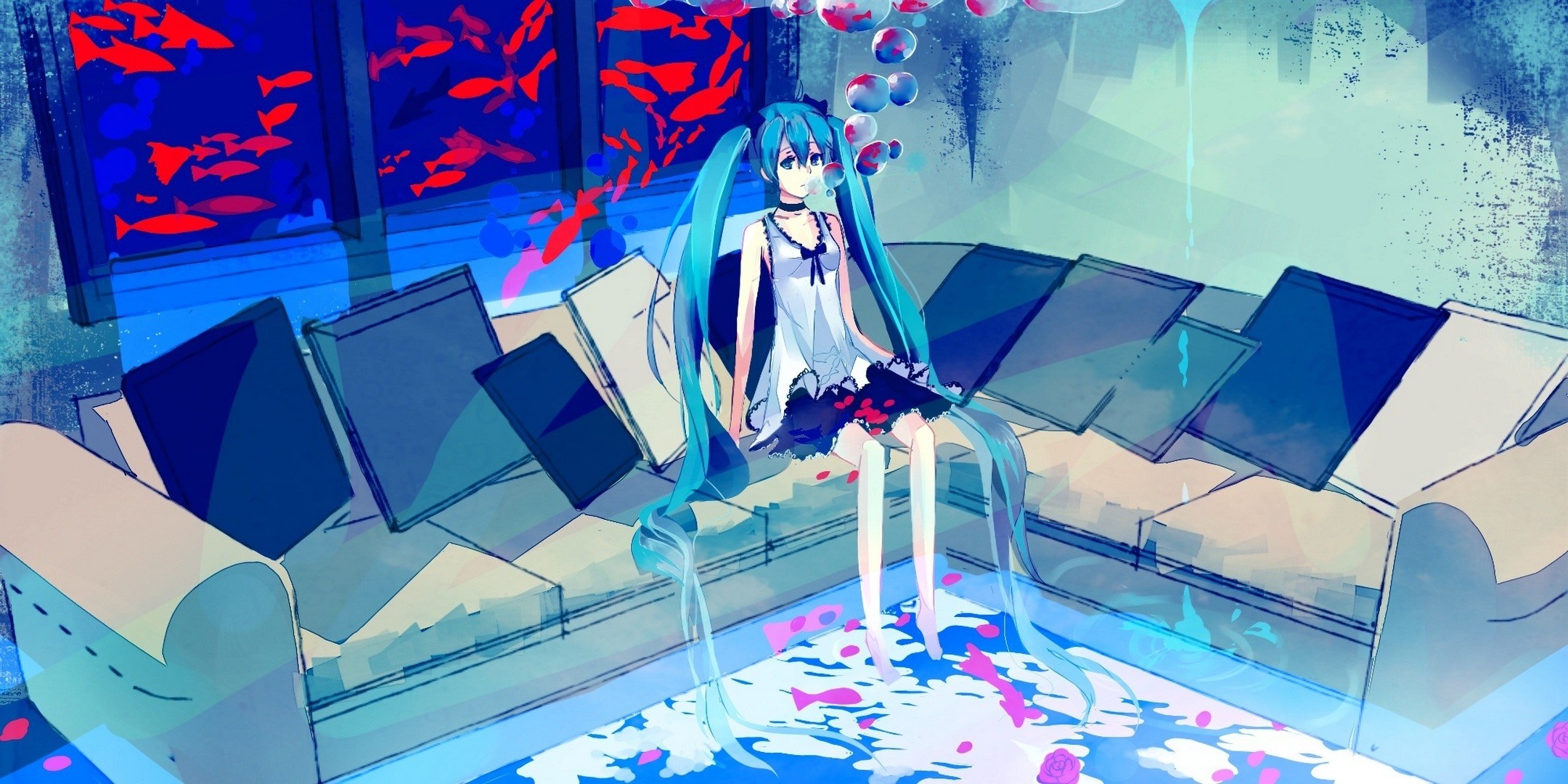 Hatsune Miku sitting on a couch with fish tanks HD Wallpaper