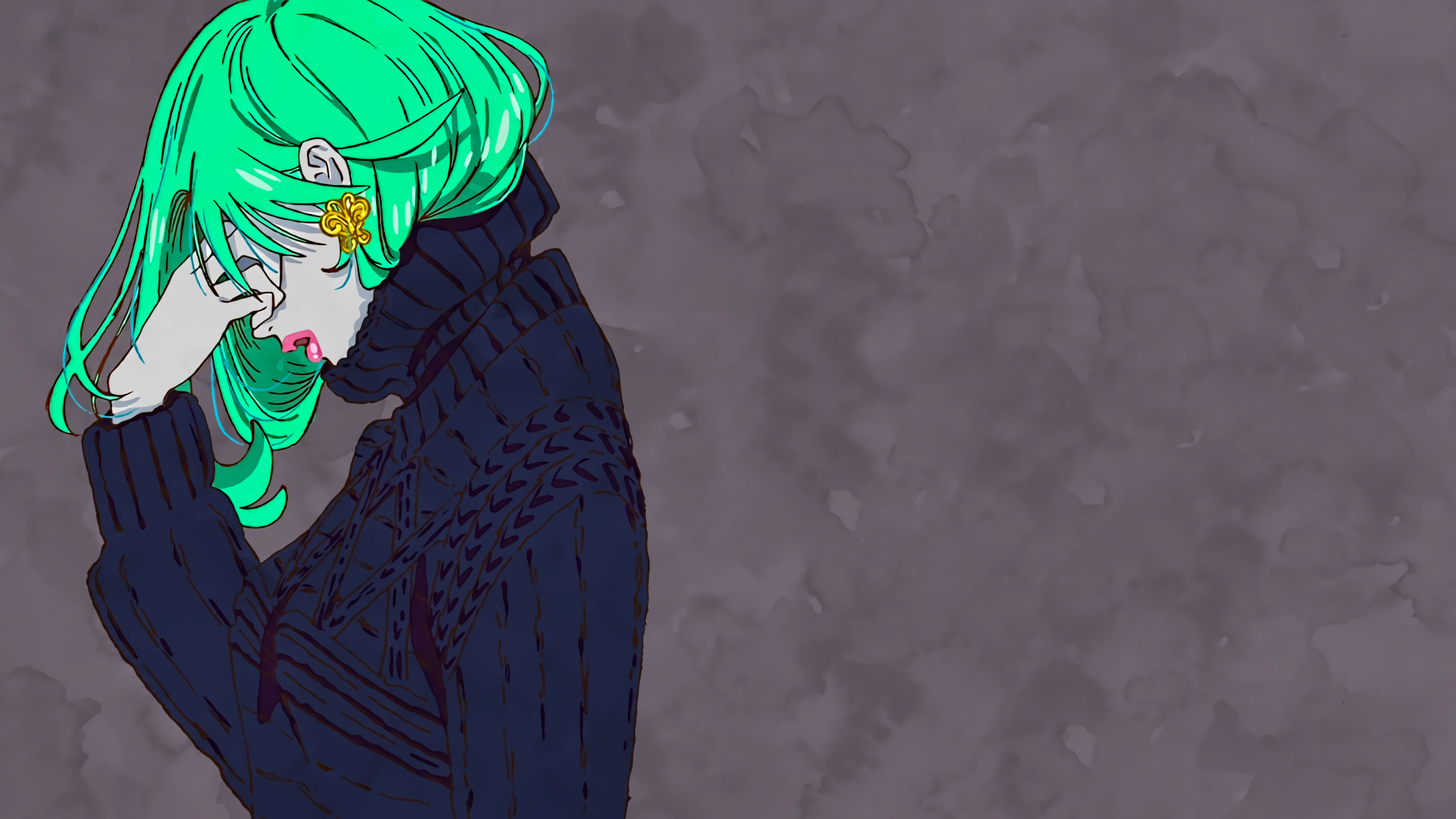 Girl with green hair in a blue sweater HD Wallpaper