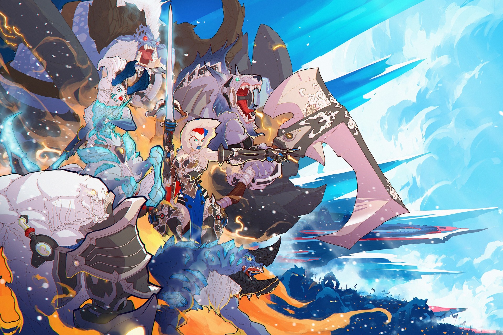 Characters and creatures from Duelyst in a battle scene HD Wallpaper