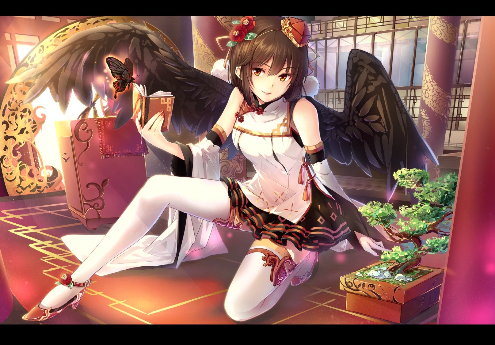 Shameimaru Aya from Touhou holding a book with a butterfly HD Wallpaper
