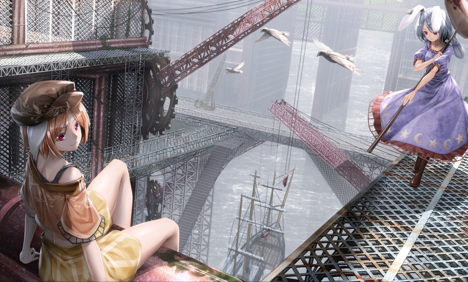 Seiran and Ringo from Touhou Project in industrial setting HD Wallpaper