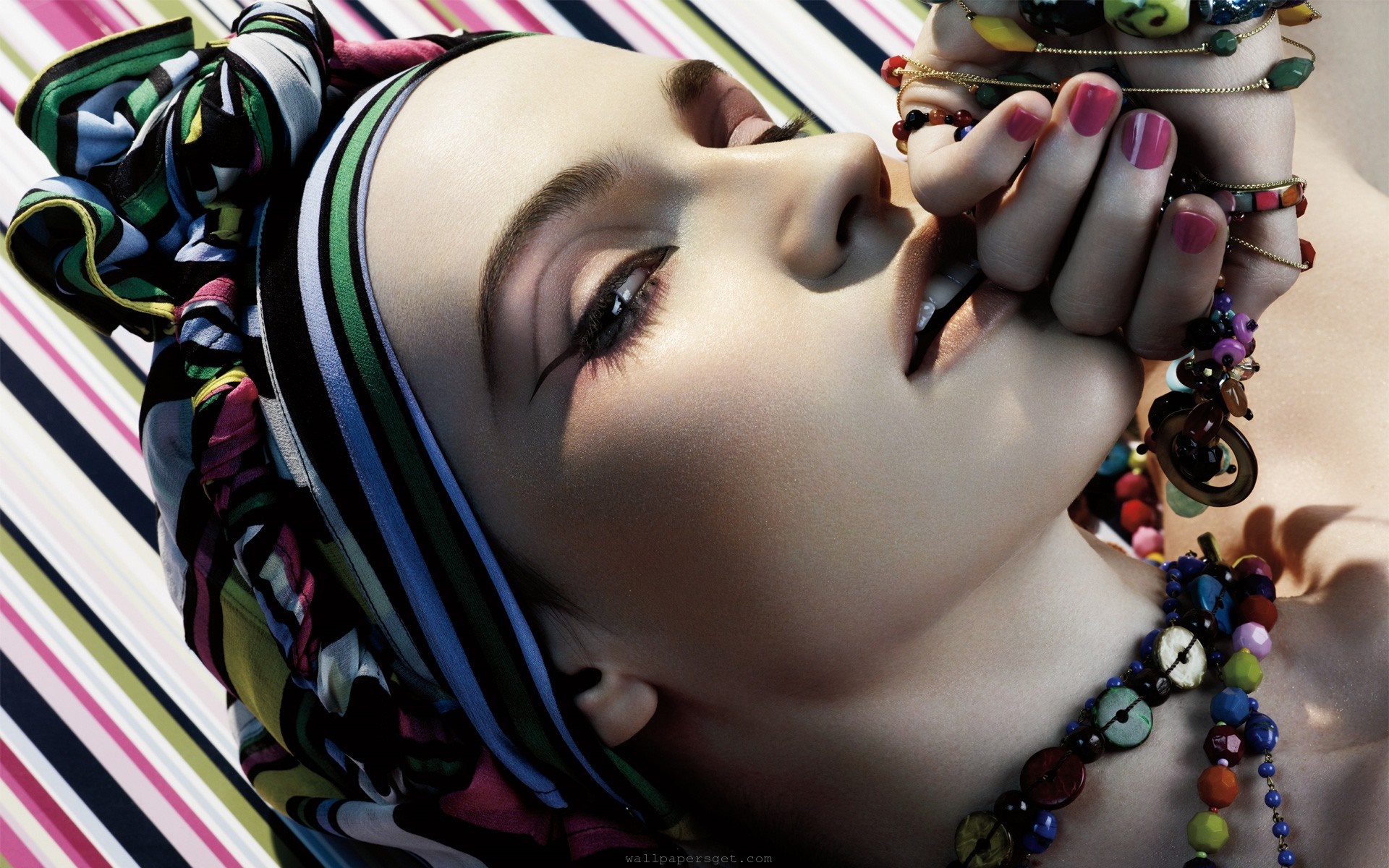 Woman with colorful headscarf and jewelry HD Wallpaper
