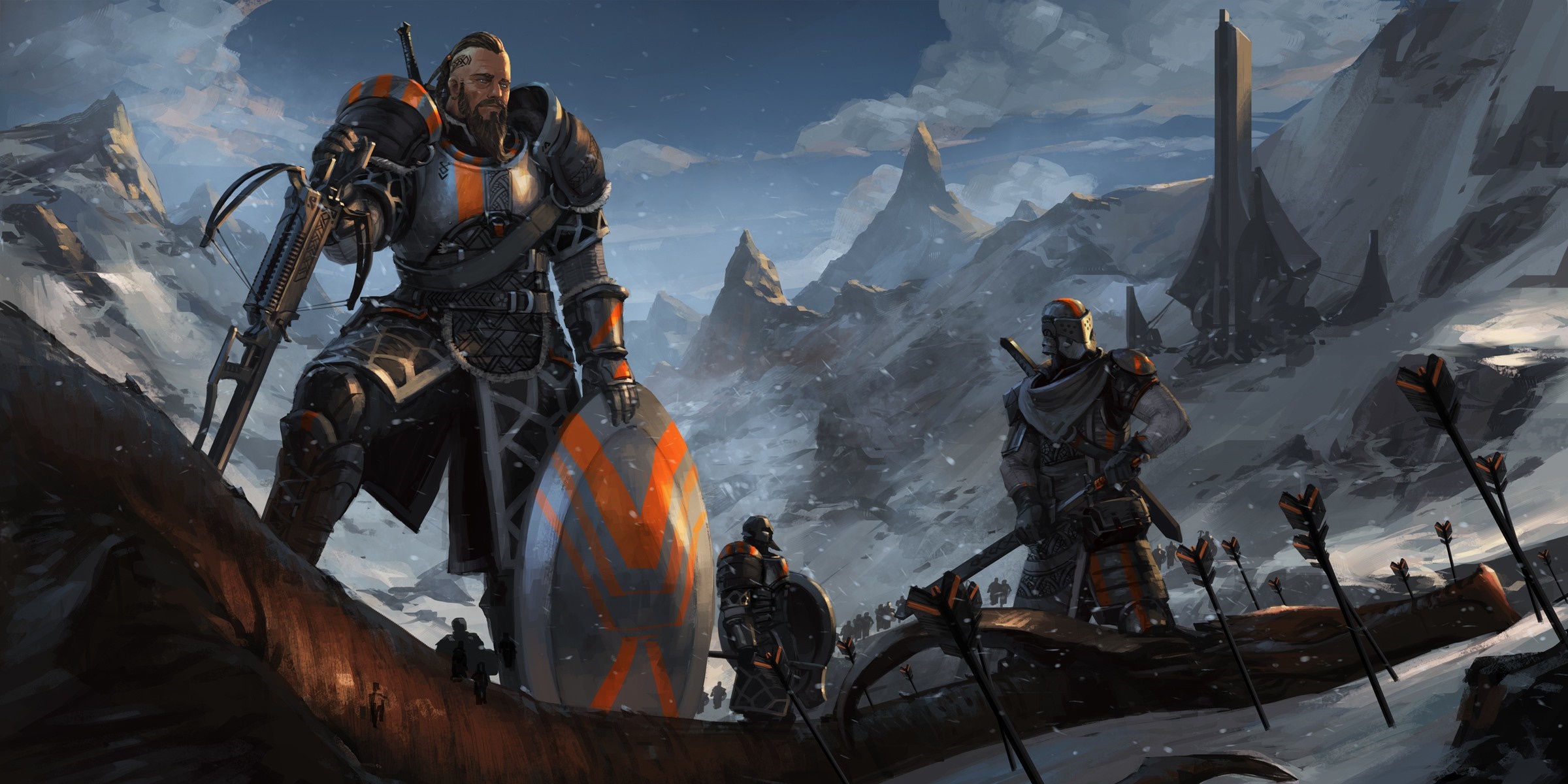 Fantasy warriors in a snowy mountain landscape HD Wallpaper