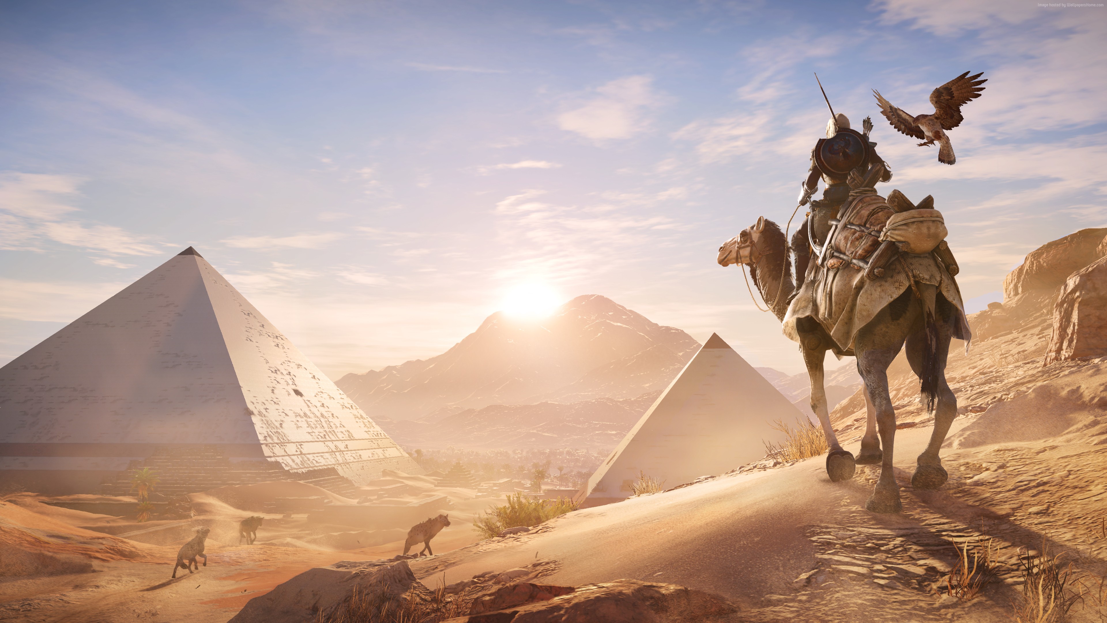 Assassin's Creed Origins screenshot with pyramids and camel rider HD Wallpaper