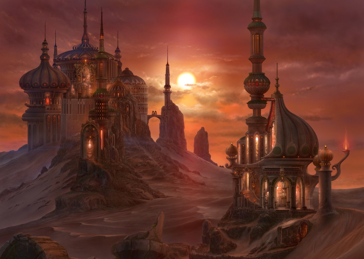 Fantasy desert city at sunset HD Wallpaper
