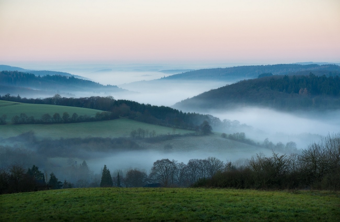 Misty valley landscape at dawn with rolling hills HD Wallpaper