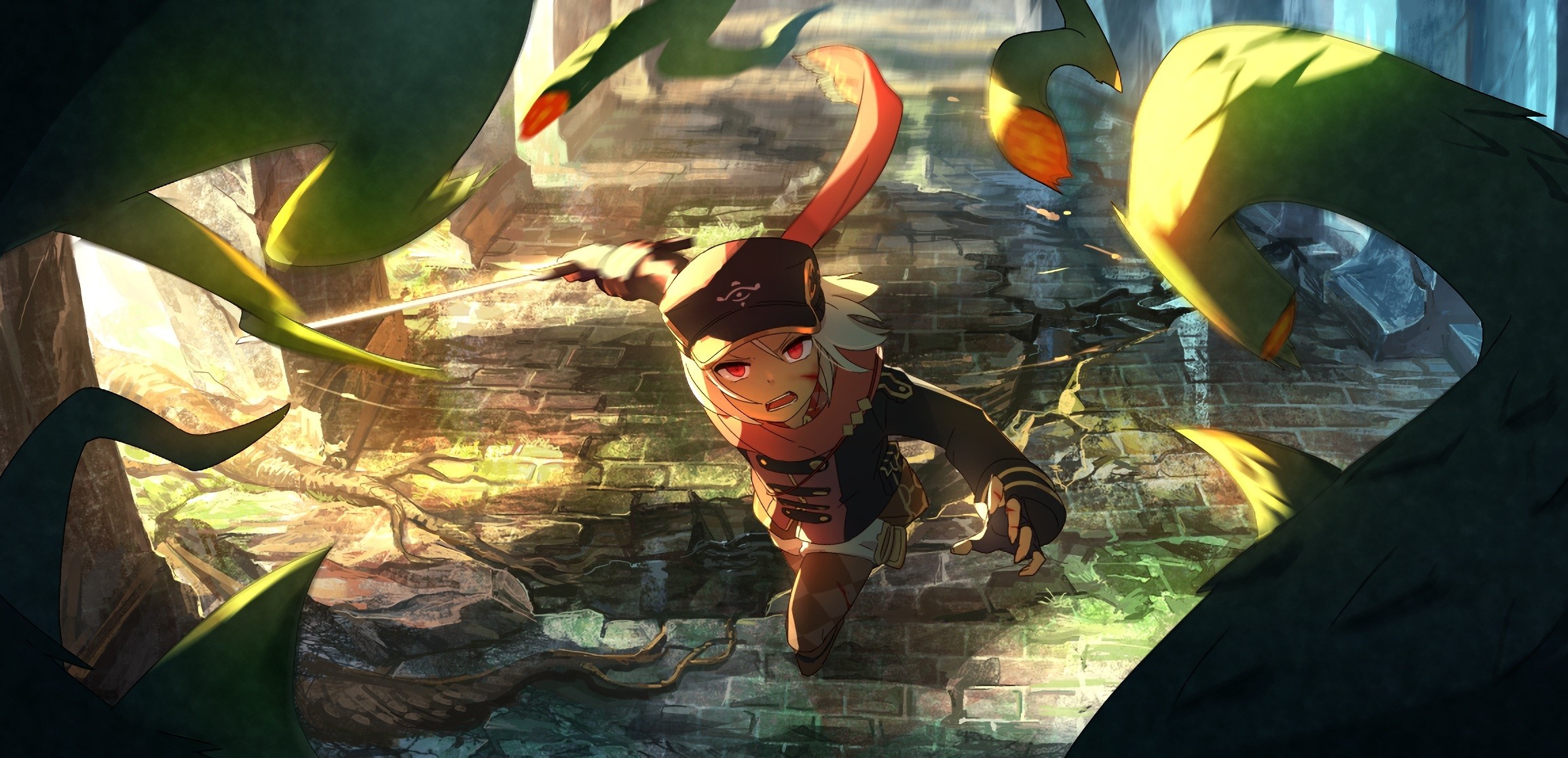 Anime character with sword in overgrown ruins HD Wallpaper
