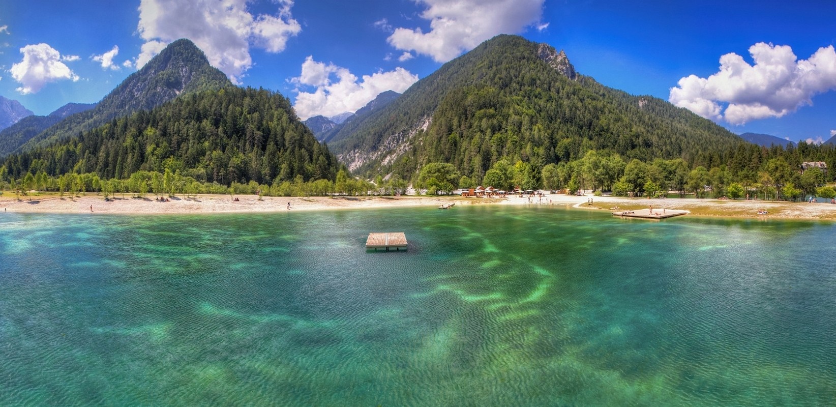 Lake with Mountains and Beach in Slovenia HD Wallpaper
