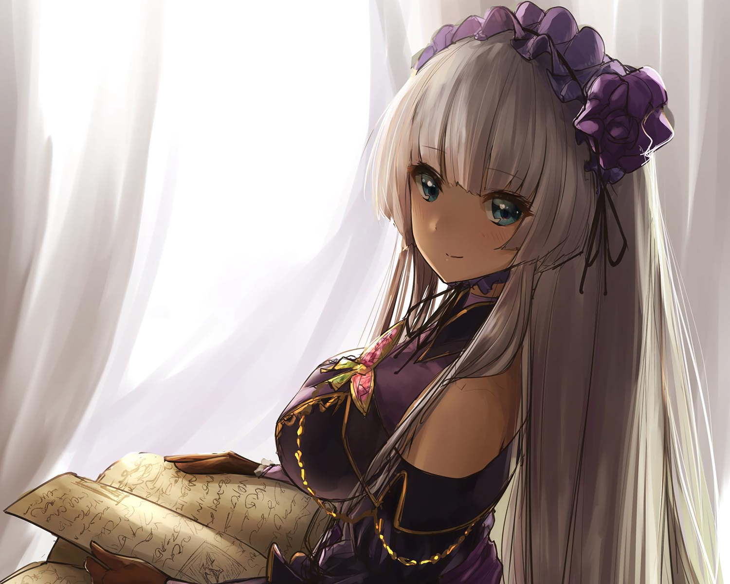 Anime girl with long silver hair reading a scroll HD Wallpaper