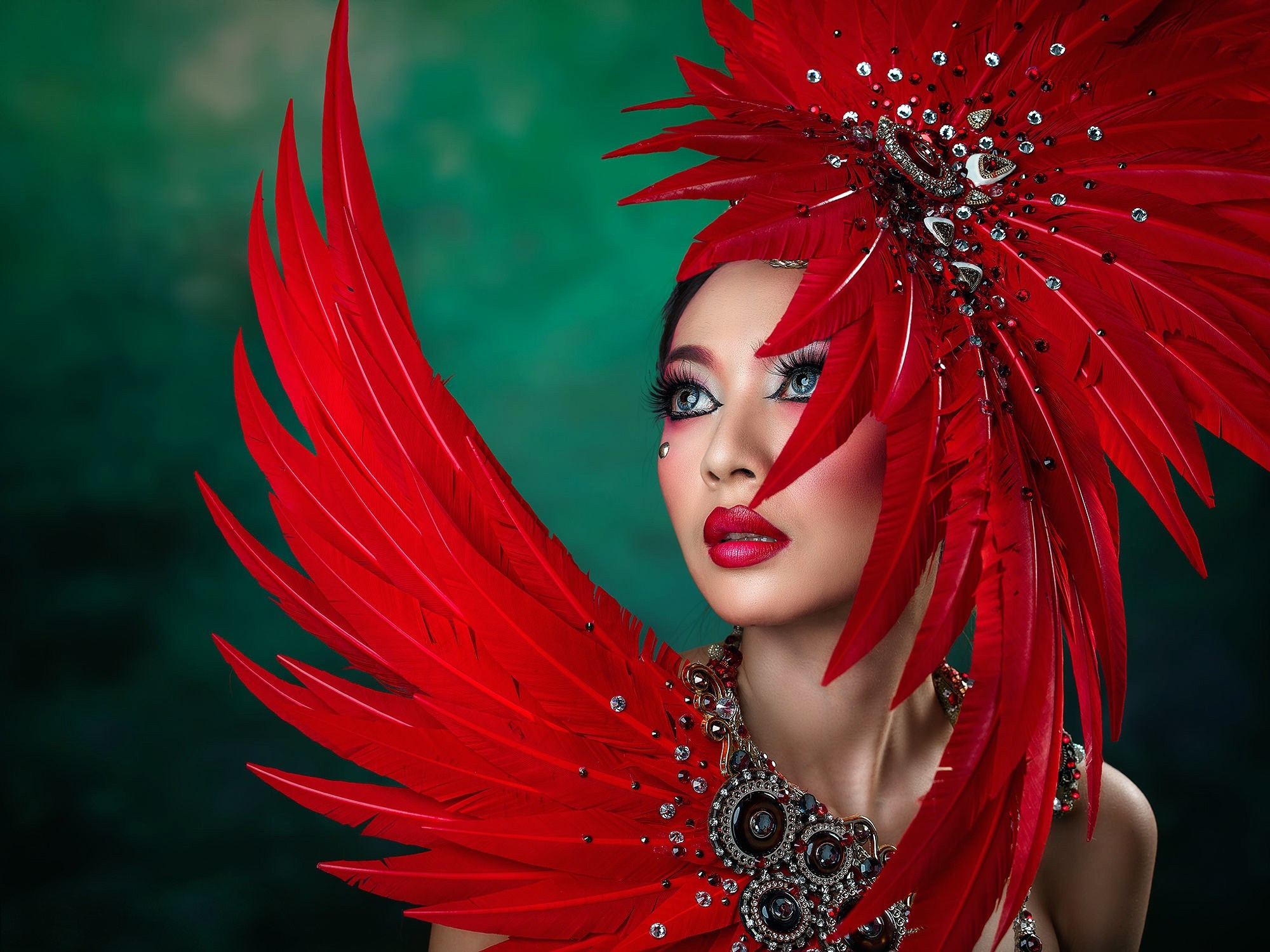 Woman in elaborate red feather costume and headdress HD Wallpaper