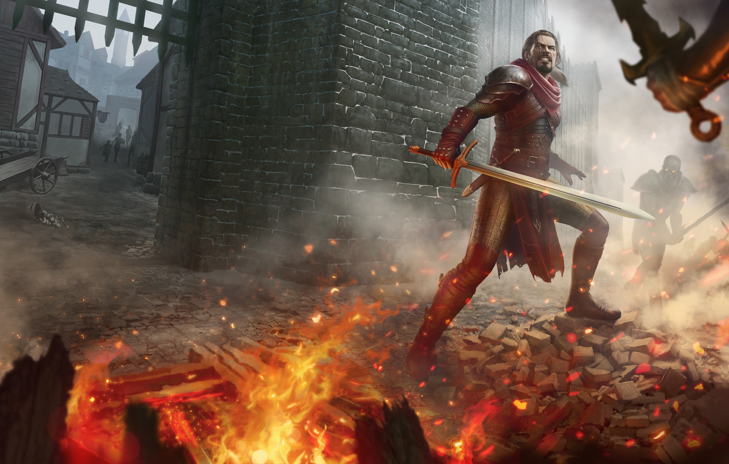 Fantasy warrior in battle with swords and fire HD Wallpaper