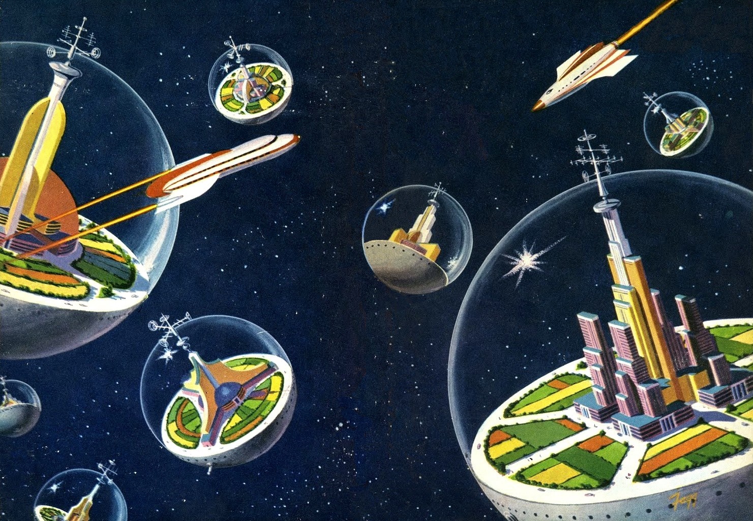 Futuristic space city with domed habitats and spaceships HD Wallpaper