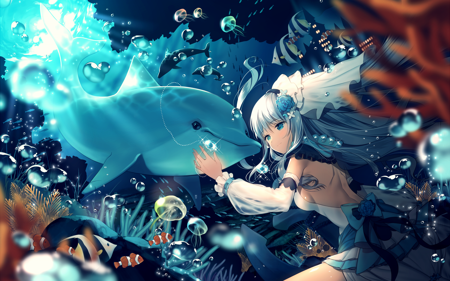 Anime girl with dolphin underwater HD Wallpaper
