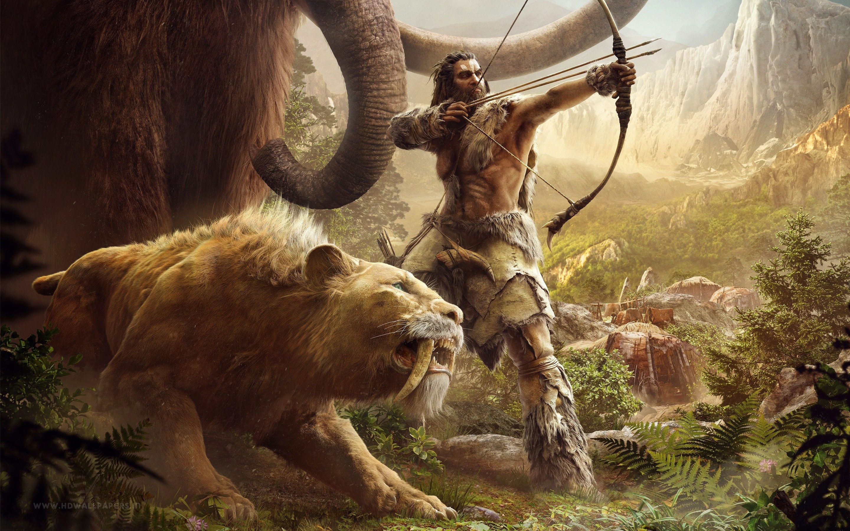 Far Cry Primal artwork of a hunter with a mammoth and saber-toothed cat HD Wallpaper