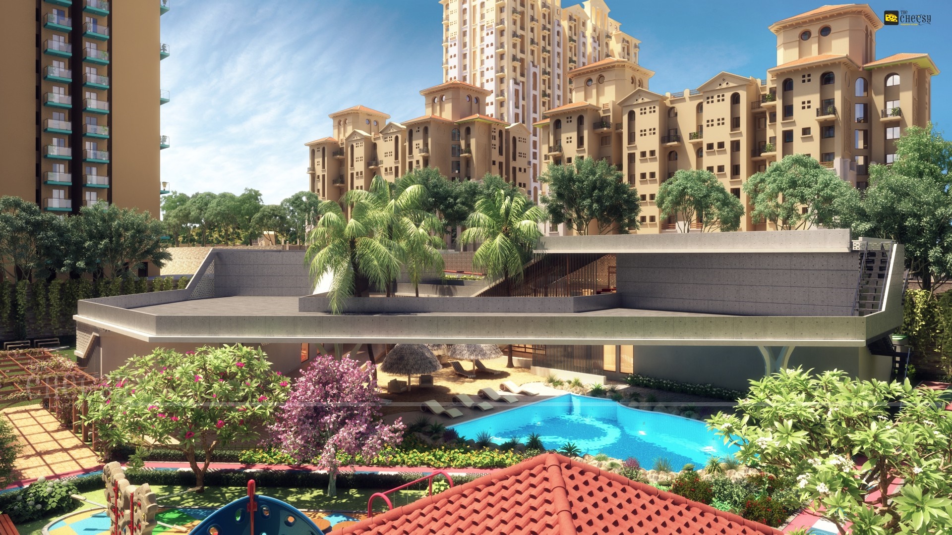 Luxury condominium complex with swimming pool and garden HD Wallpaper