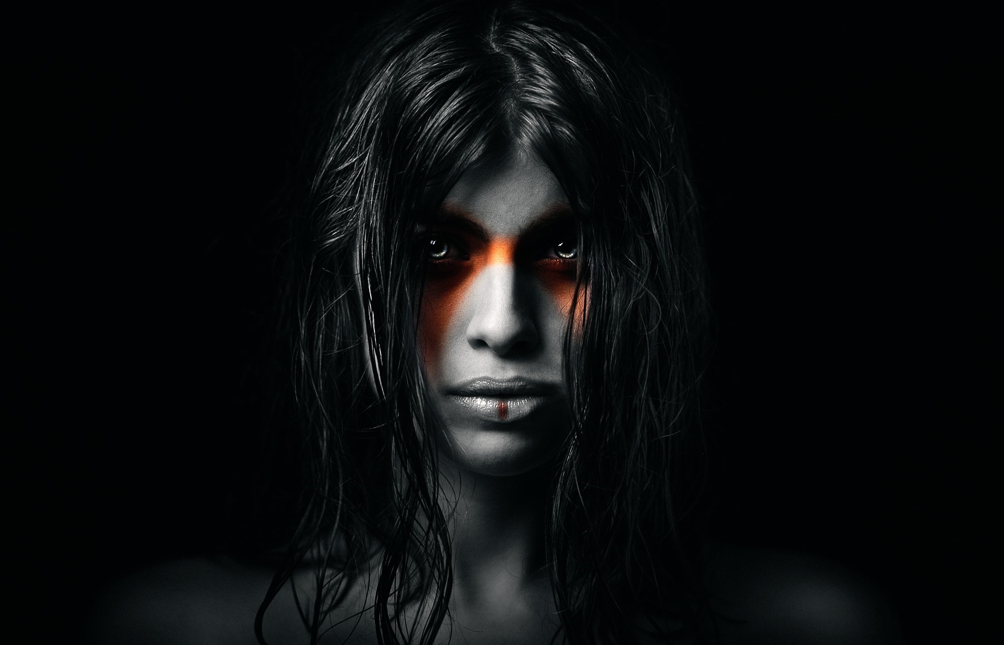 Woman with orange face paint and black hair HD Wallpaper