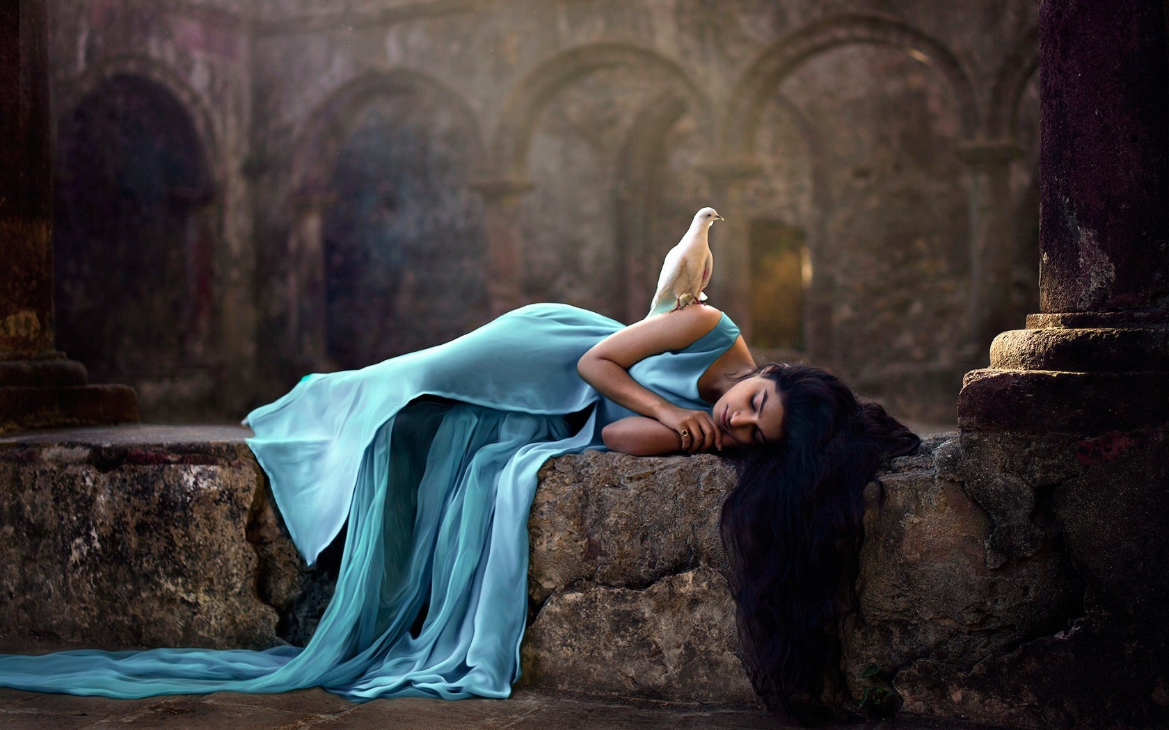Woman in blue dress with dove in ancient temple HD Wallpaper