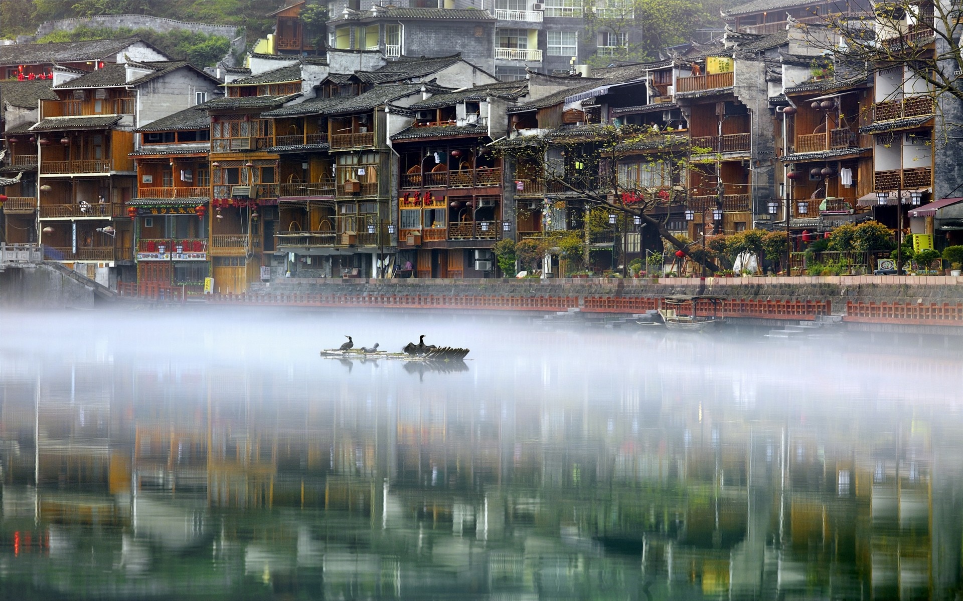 Phoenix Ancient Town, China, with birds on a raft HD Wallpaper