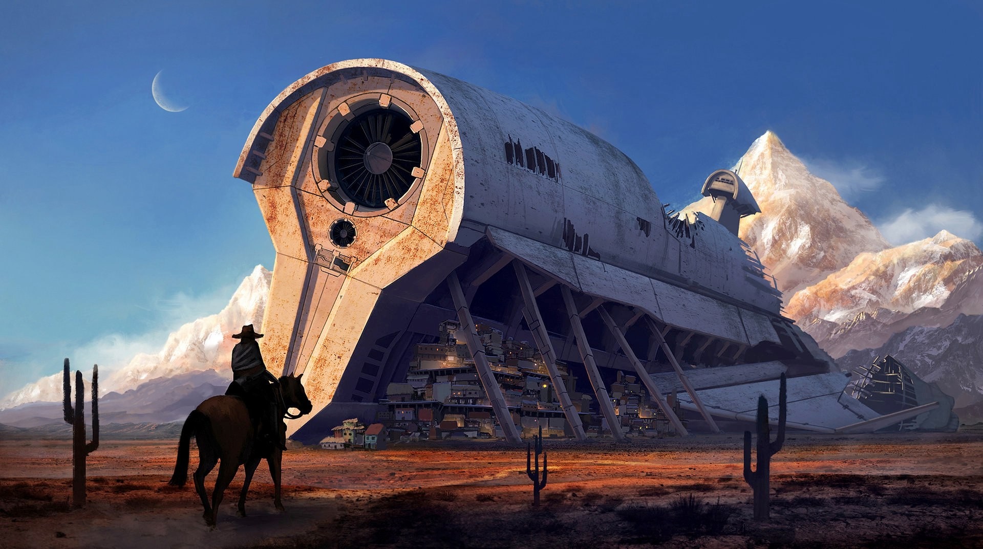 Cowboy on horse near crashed spaceship with desert village HD Wallpaper