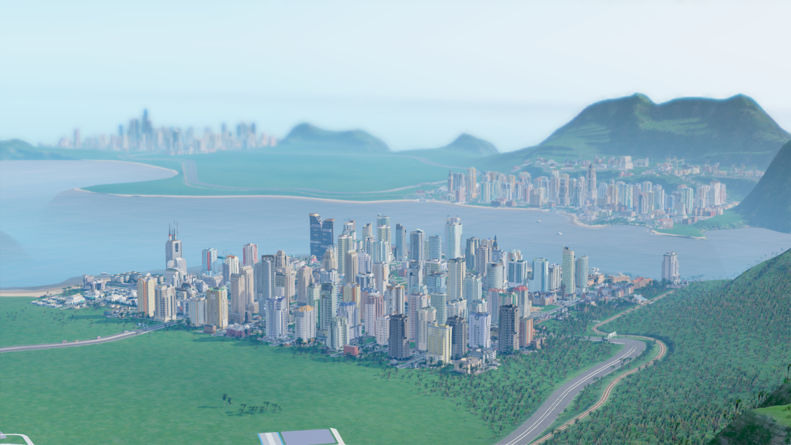 SimCity aerial view of a coastal city with mountains HD Wallpaper