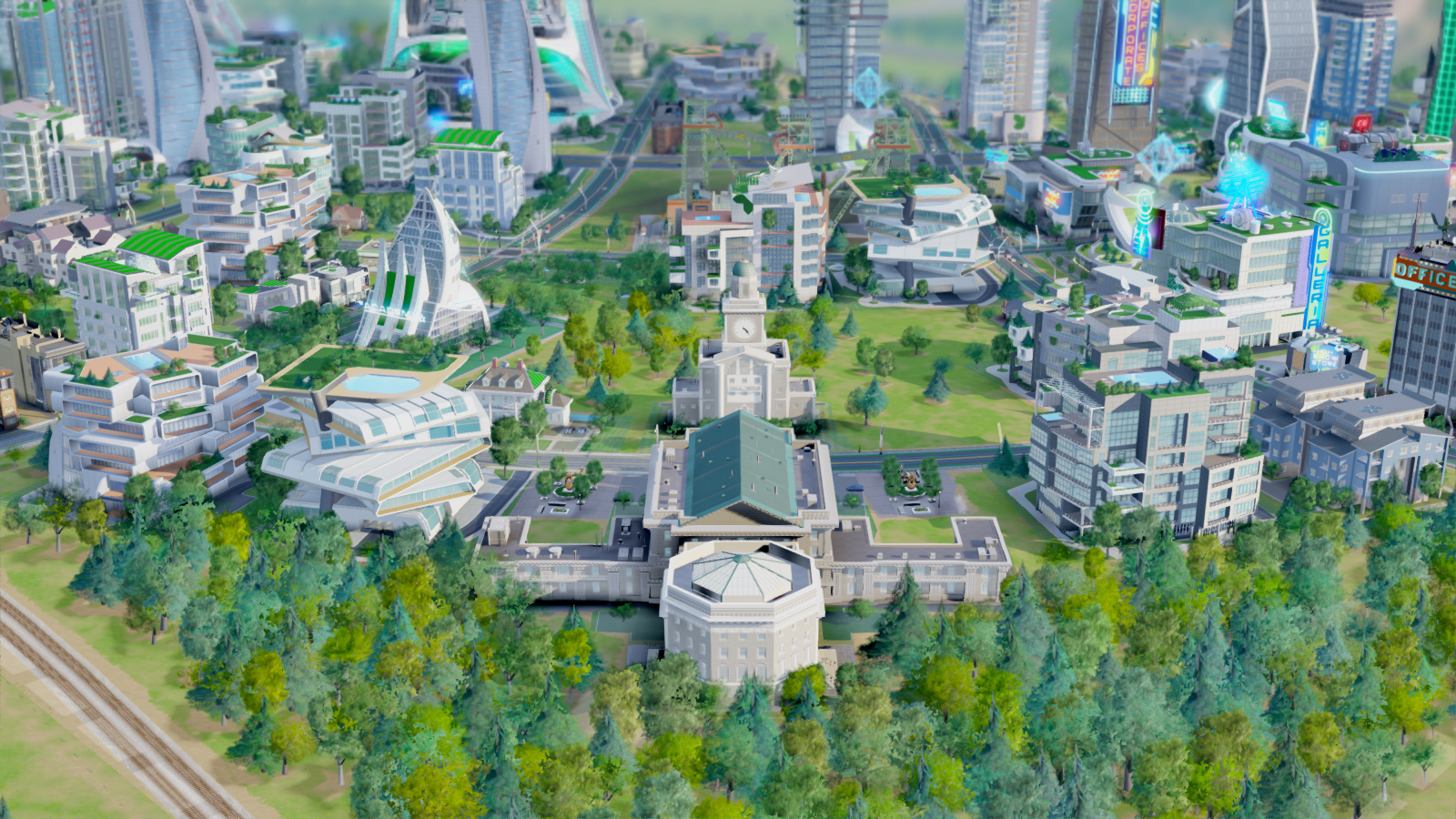 SimCity screenshot of a futuristic cityscape with modern buildings HD Wallpaper