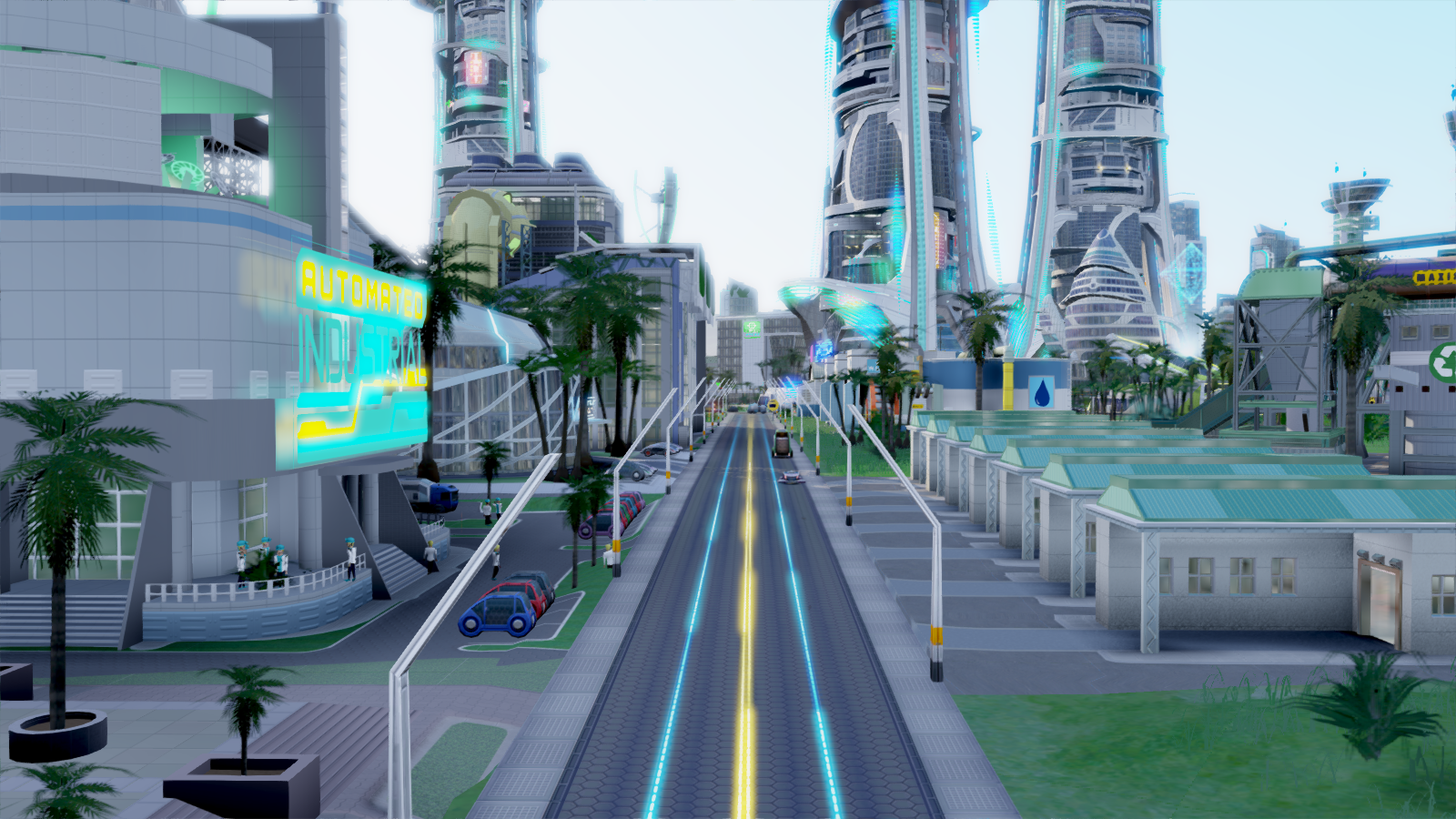 Futuristic city street with automated vehicles and modern architecture HD Wallpaper