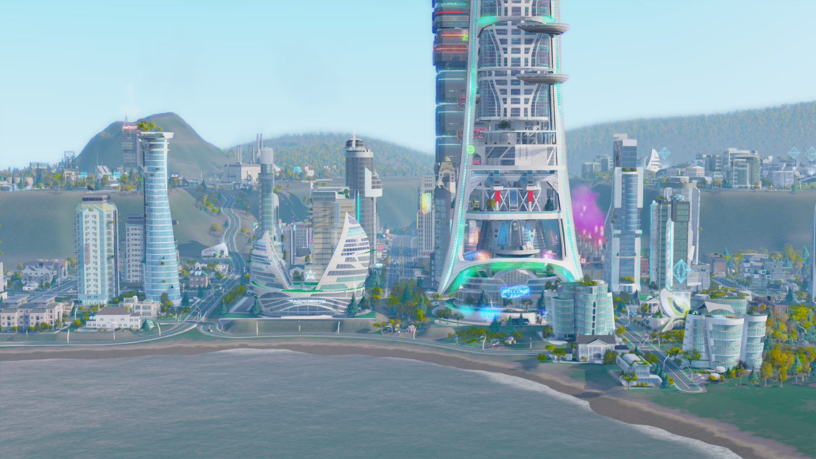 Futuristic cityscape with skyscrapers and a beach HD Wallpaper