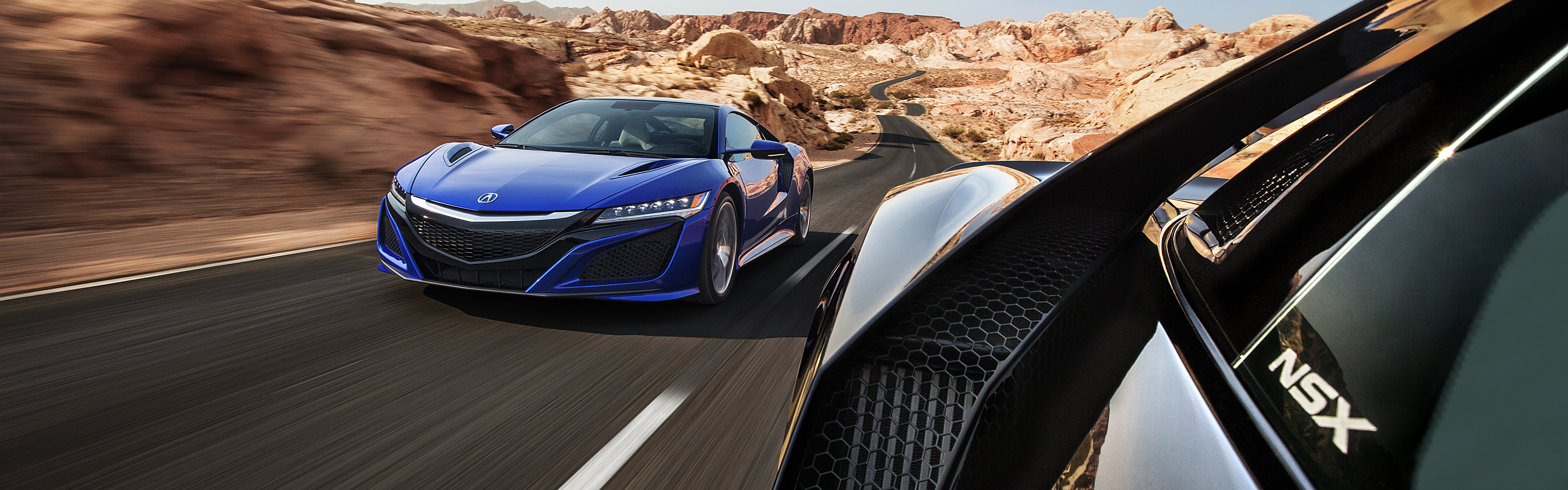 Blue Acura NSX driving on a desert road HD Wallpaper