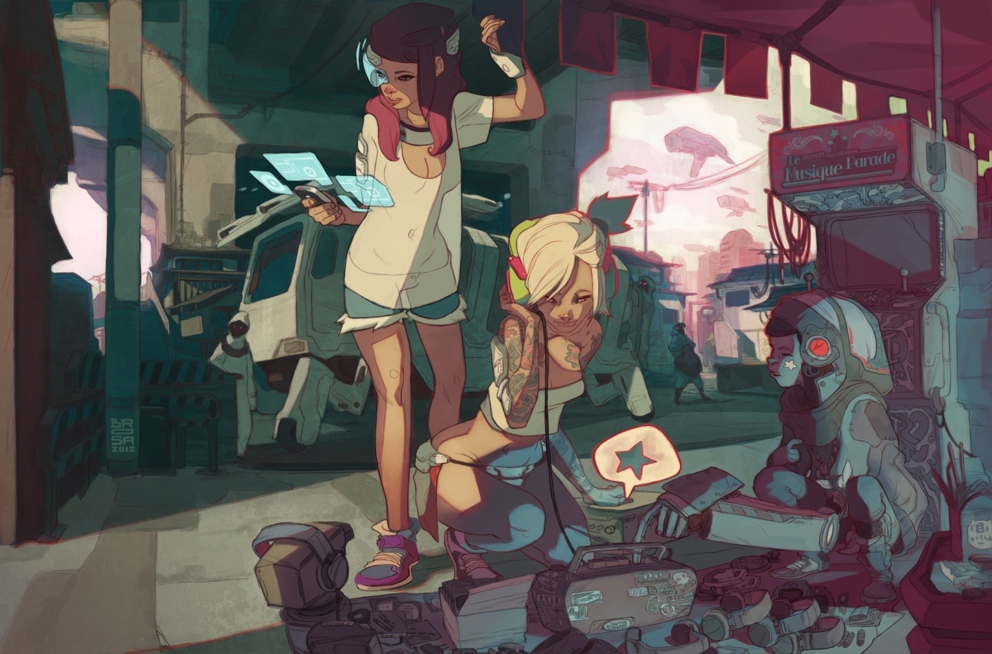 Anime characters in a futuristic marketplace HD Wallpaper