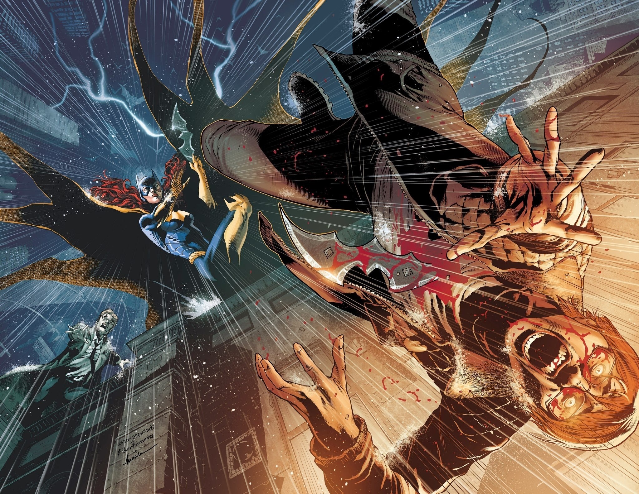 Batgirl and Batman fighting a zombie in a city HD Wallpaper