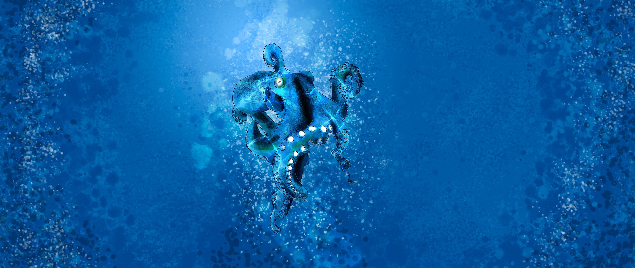 Blue octopus swimming underwater with bubbles HD Wallpaper